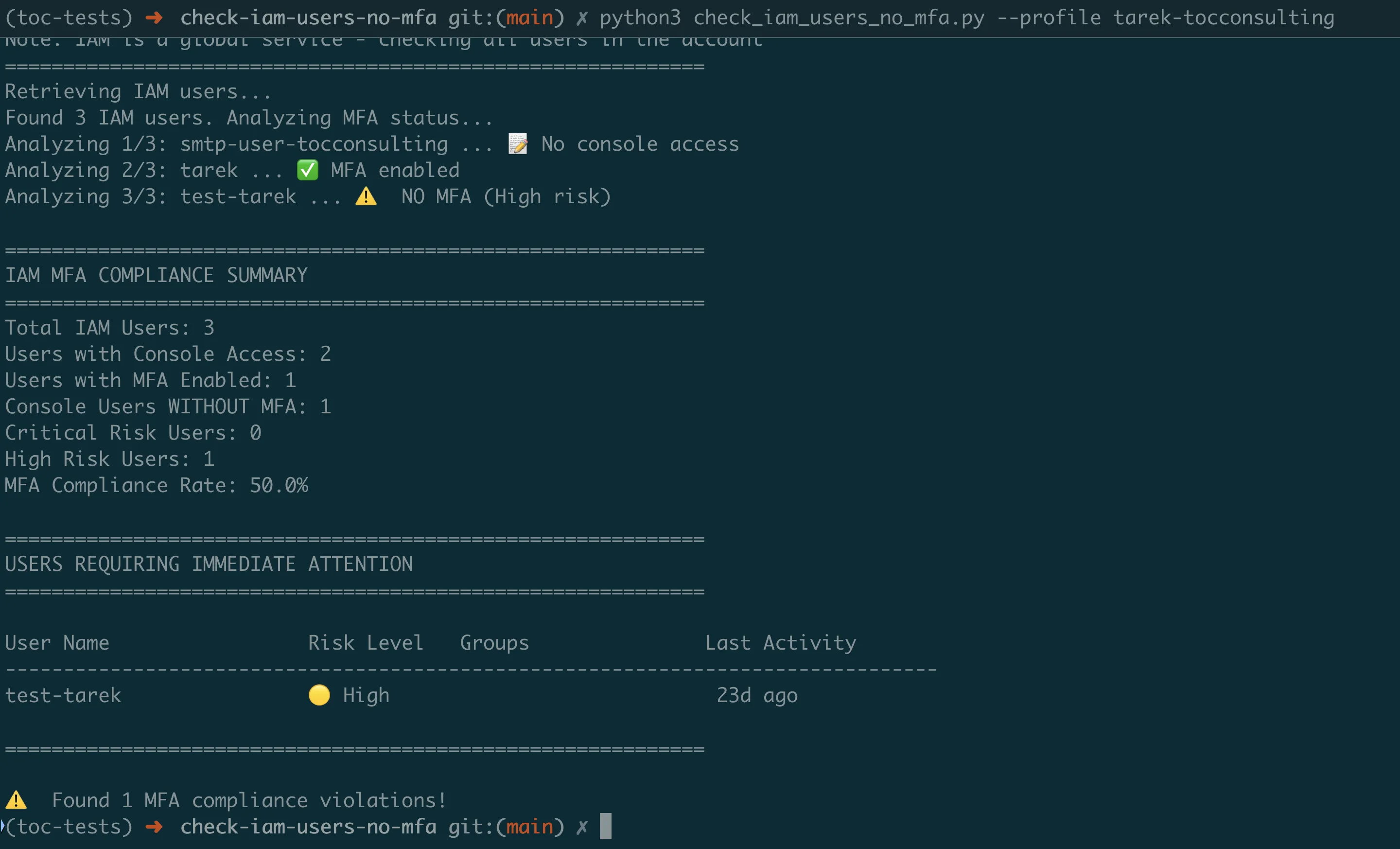 MFA scanner CLI output showing IAM users without MFA and compliance status