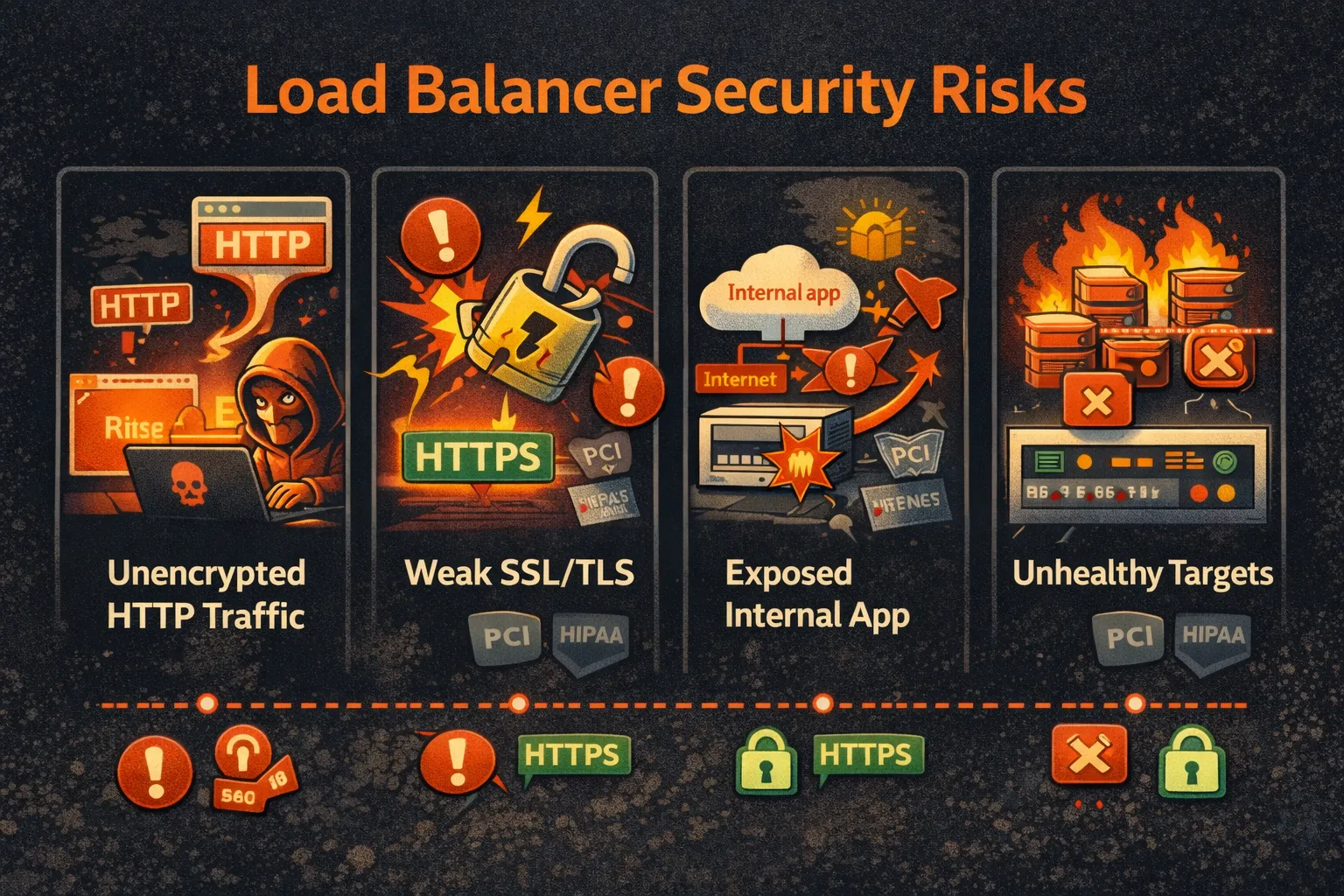 Security risks from misconfigured load balancers including HTTP exposure and outdated TLS