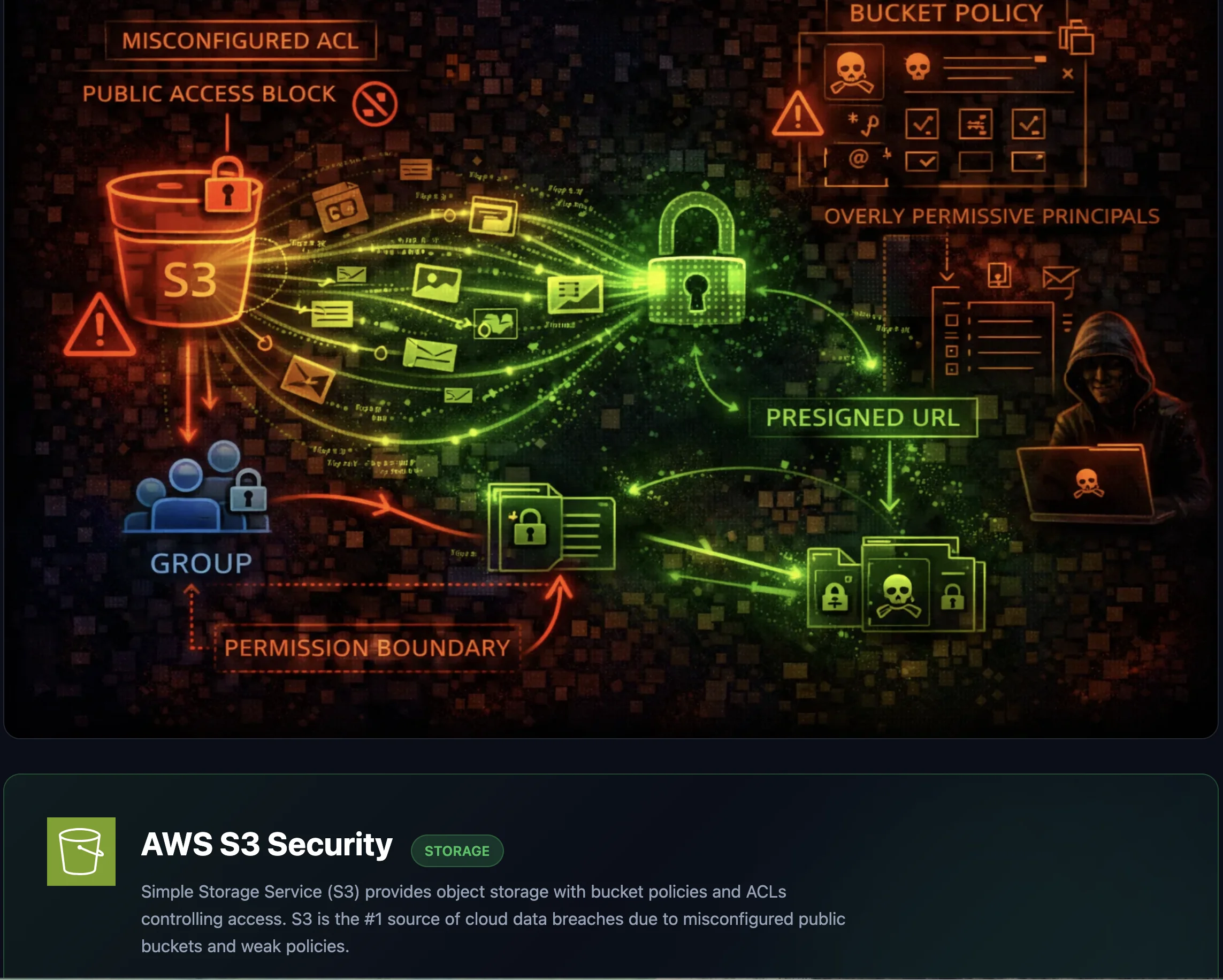 Example of an AWS Security Card showing attack vectors, misconfigurations, and defense recommendations