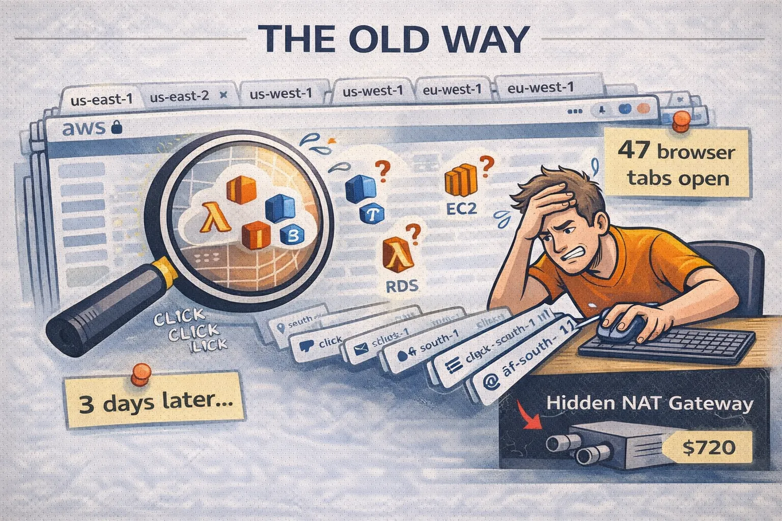 The tedious process of manually clicking through AWS console regions
