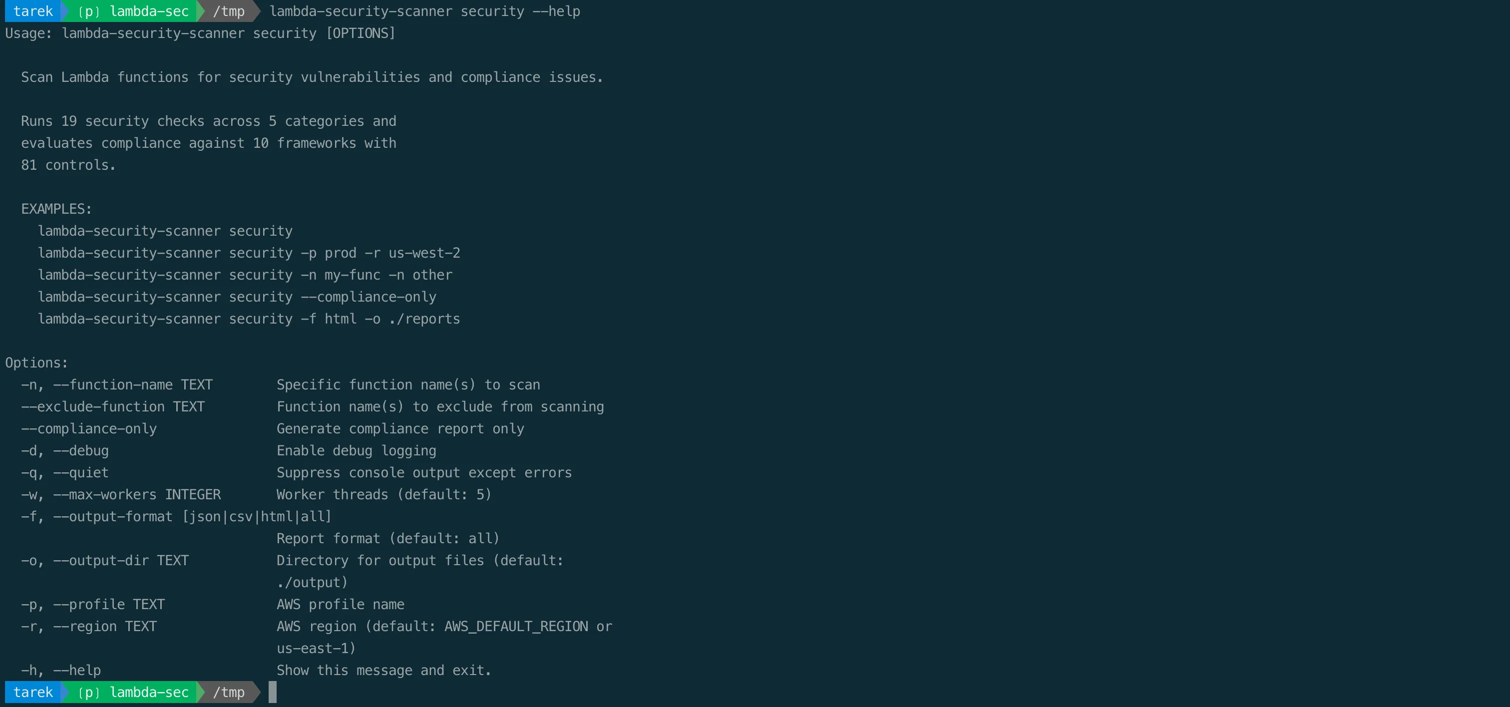 lambda-security-scanner security subcommand help showing all available options