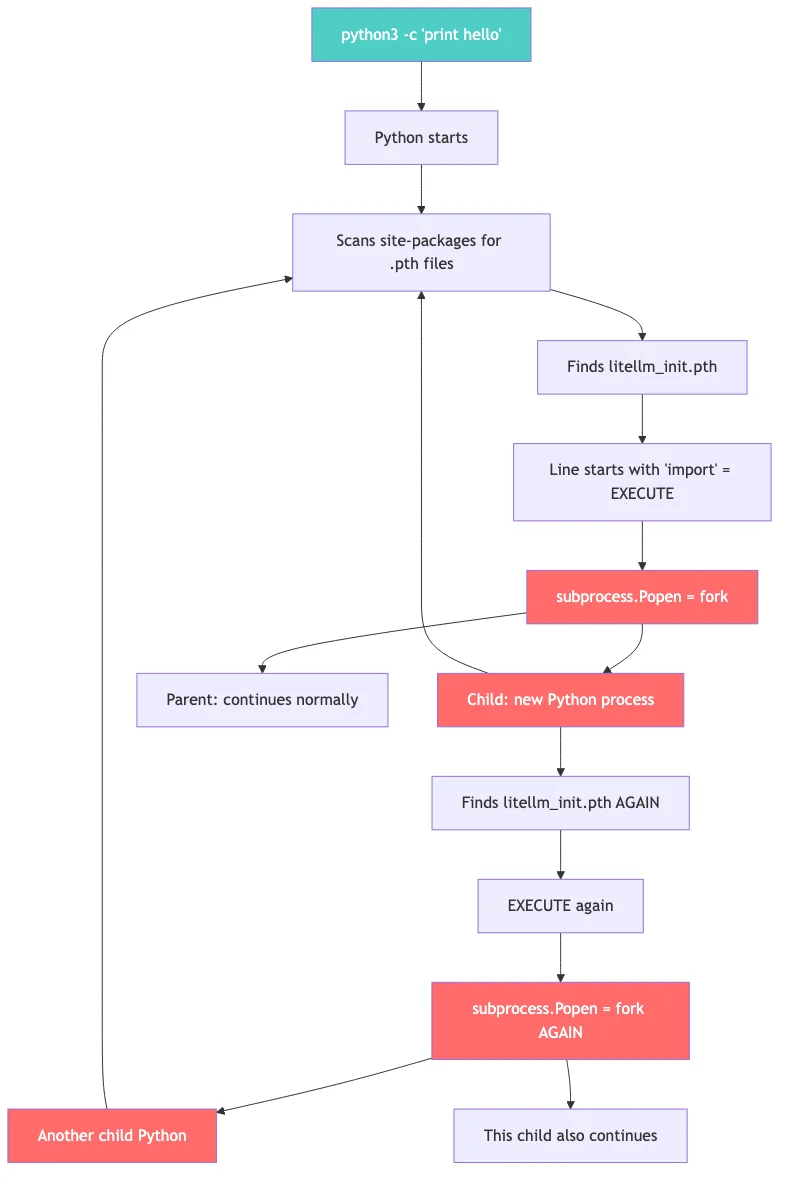 Fork bomb flow diagram - exponential Python process growth