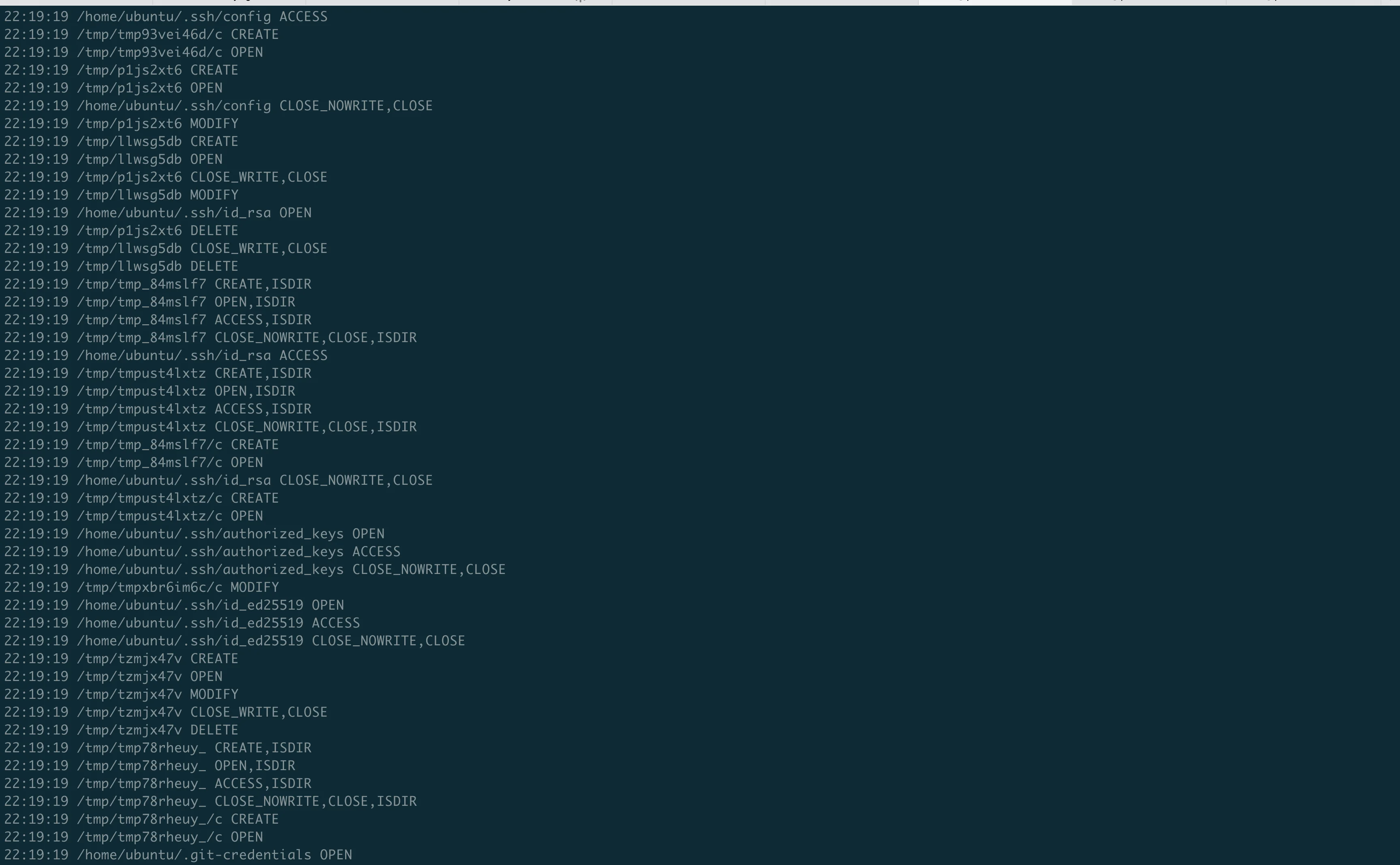 Filesystem log showing the malware reading SSH keys, AWS credentials, git credentials