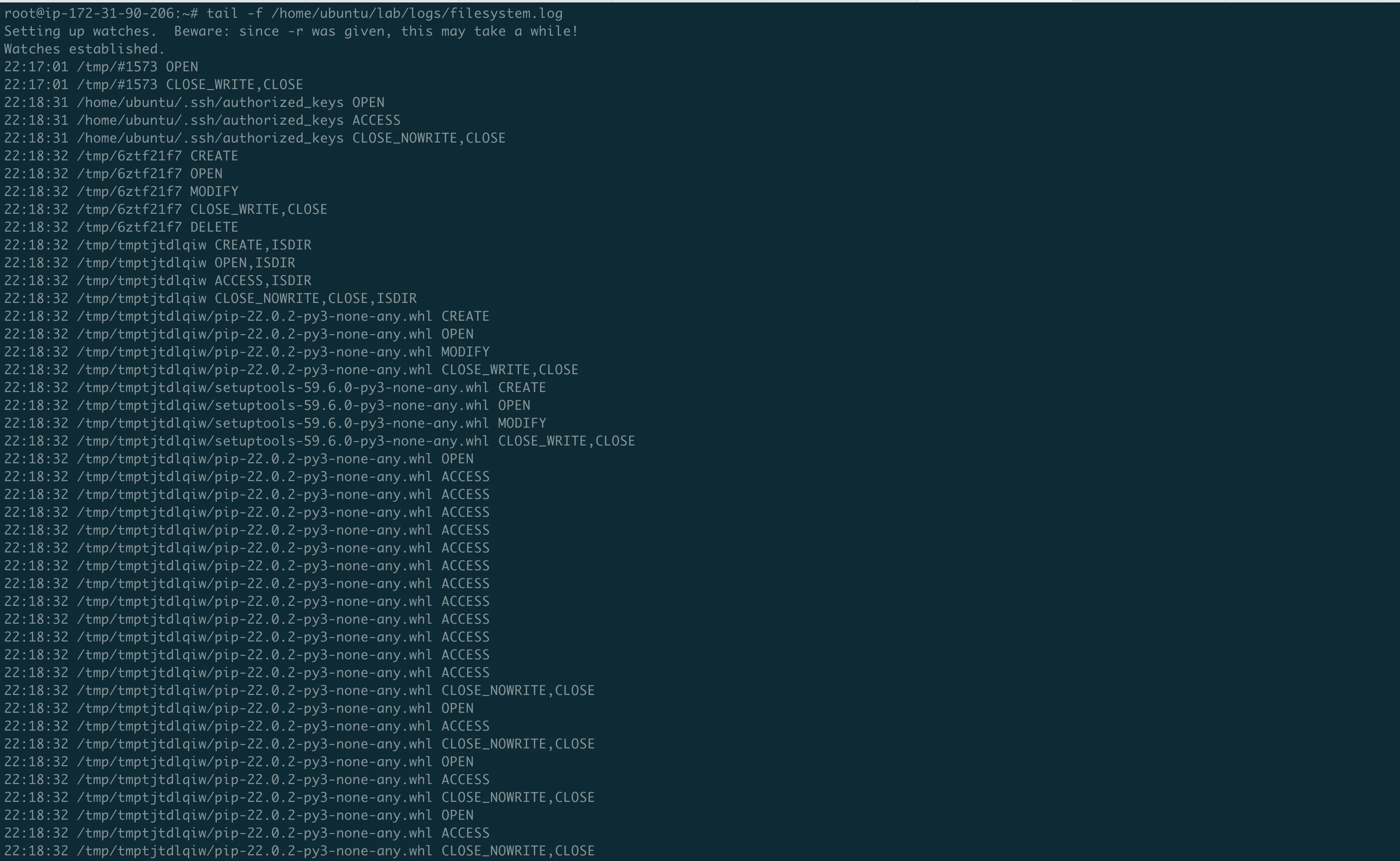 Filesystem log showing pip install followed by the .pth triggering