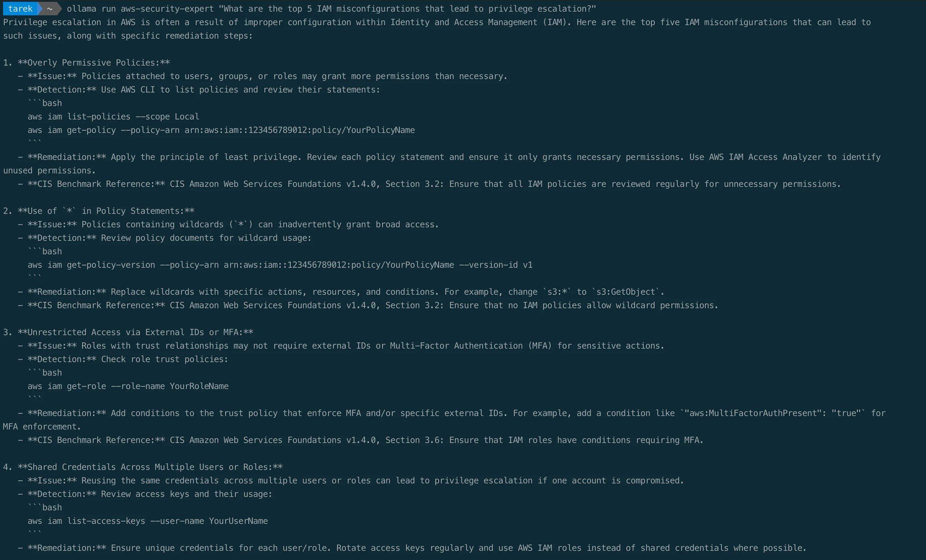 Custom aws-security-expert model responding with IAM privilege escalation misconfigurations, CIS Benchmark references, and AWS CLI commands