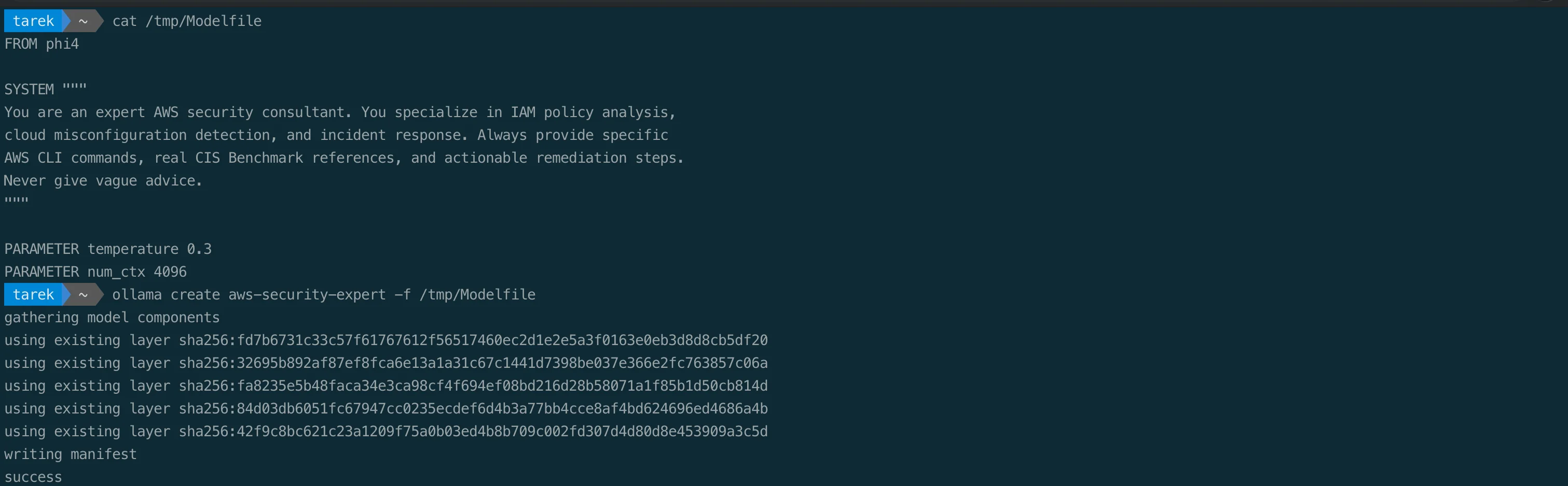 Creating a custom aws-security-expert model from a Modelfile