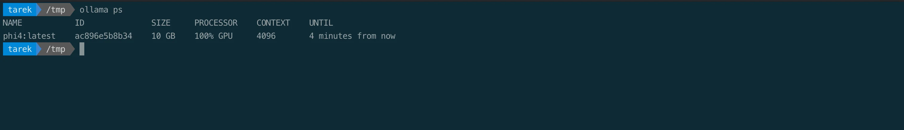 ollama ps showing phi4 running at 100% GPU with Metal acceleration
