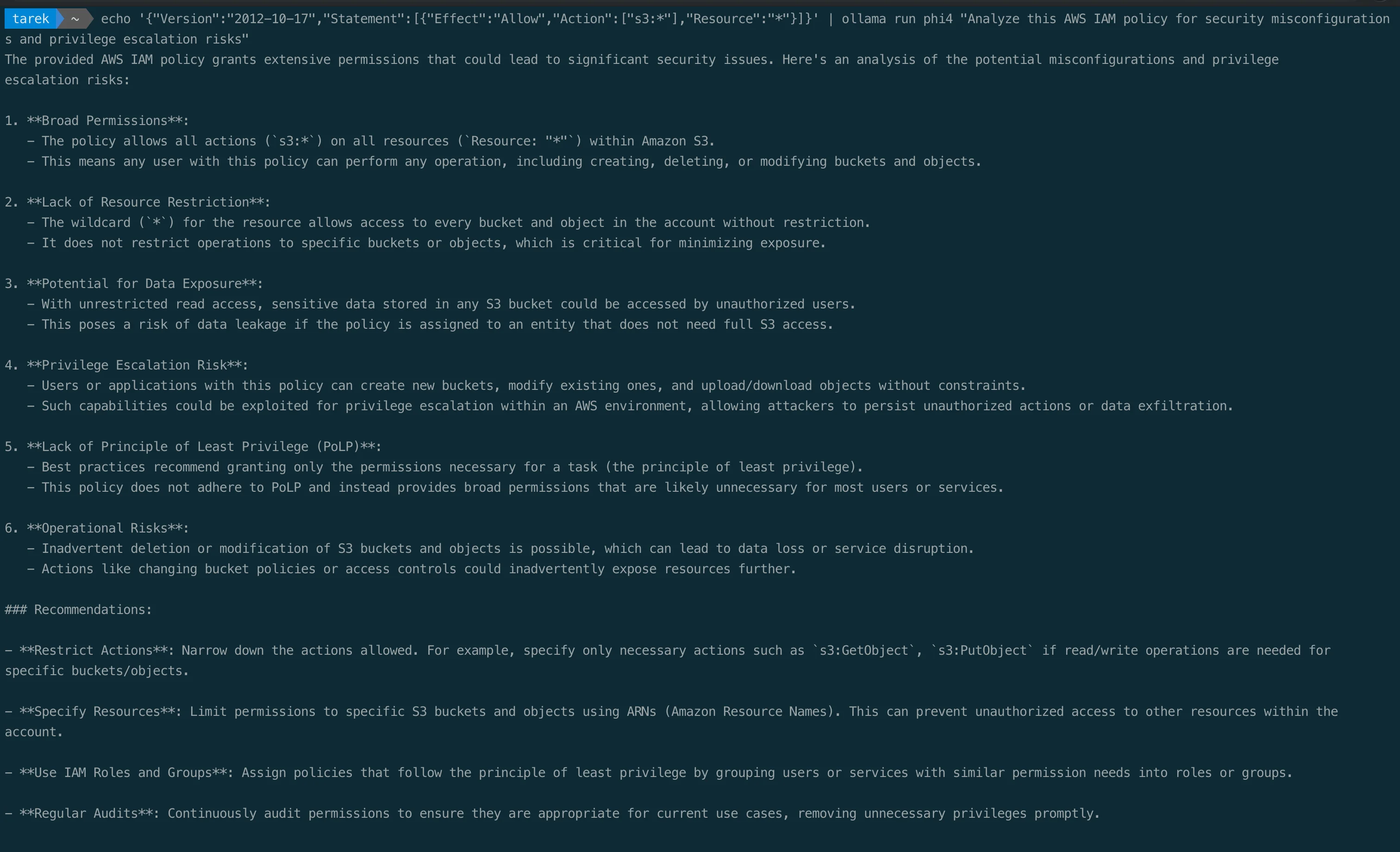 Piping an S3 policy to Ollama for security analysis via CLI