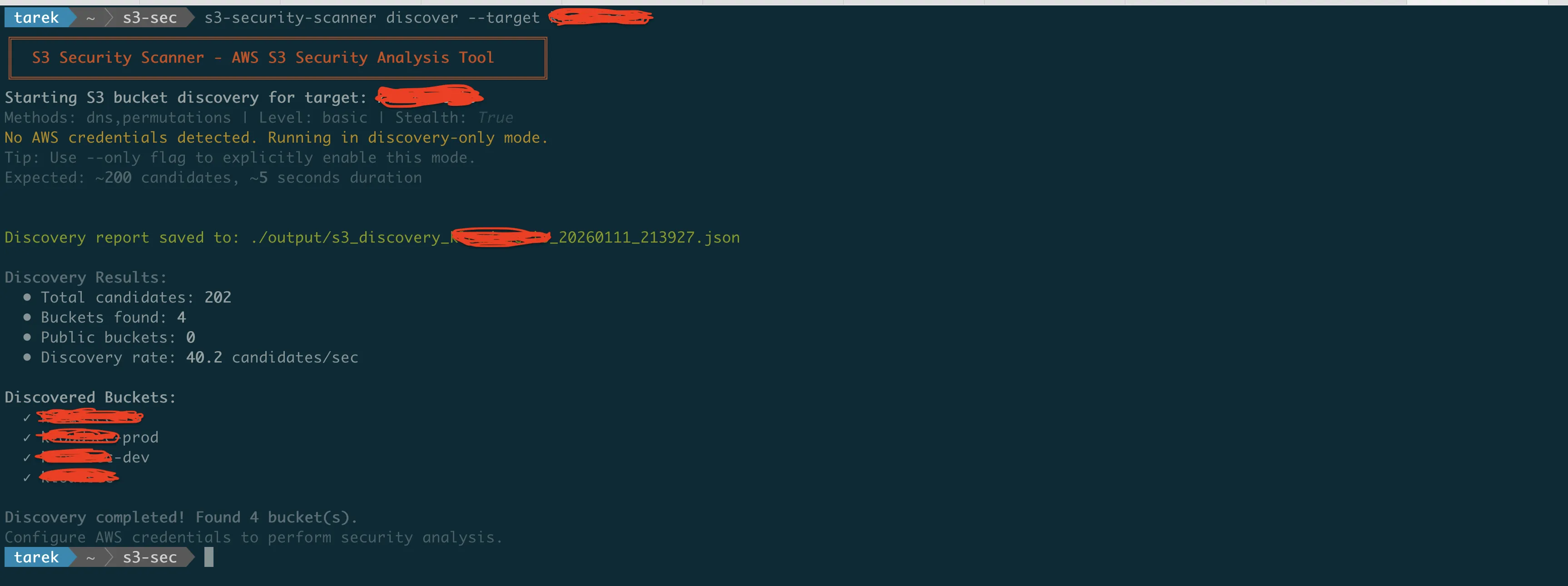 S3 Security Scanner bucket discovery results showing public and private buckets found