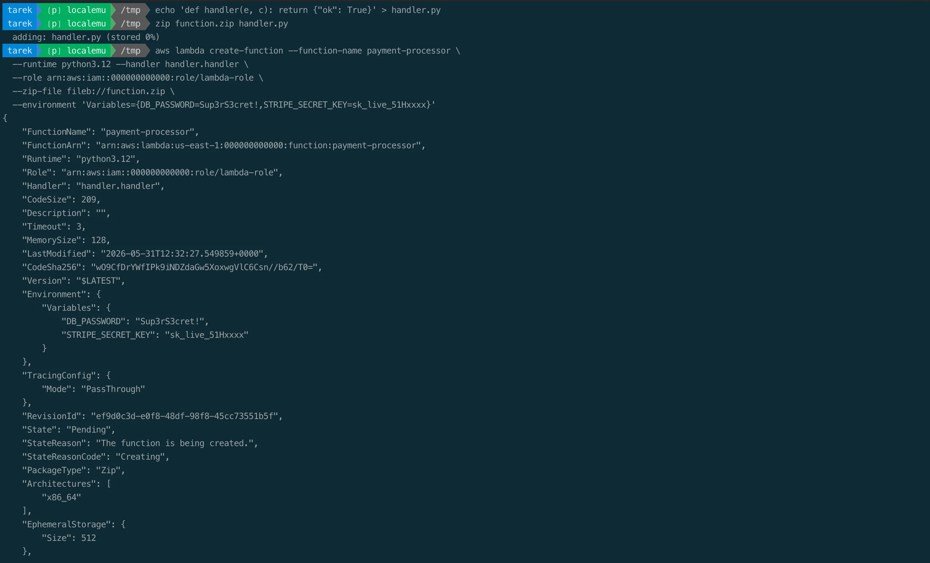 Creating a Lambda function with secrets and a public function URL in LocalEmu